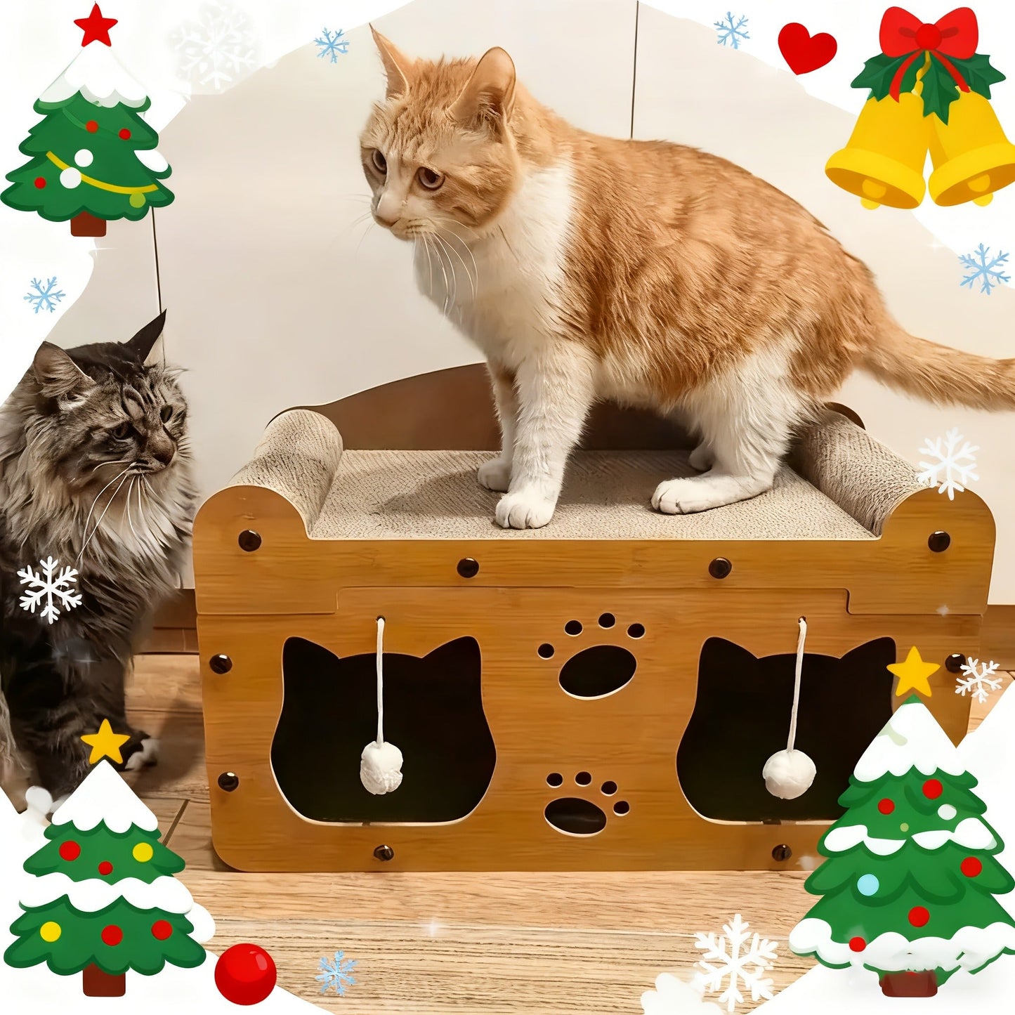 Large Cat House with Scratcher Pad & Plush Ball Toys, Ventilated Multi-Functional Indoor Outdoor Cat Shelter, Easy Assembly Single Door Double Door Luxury Double-Layer Cat Condo, Festival Gift