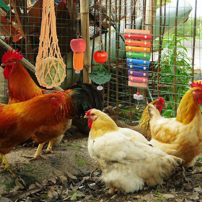Chicken Coop Toys Set – Xylophone, Swing, Mirror, Step Ladder & Pecking Toys for Hens, Wood & Colorful Bead Enrichment Accessories for Backyard Chickens & Parrots, 5pcs or 9pcs