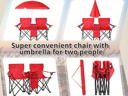Folding Fishing Chair with Sun Umbrella – 2-Seat Portable Outdoor Chair, Iron Alloy Frame & Oxford Fabric, Built-In Storage Bag & Carry Bag, for Beach, Patio, Camping & Sunbathing, 4 Colors