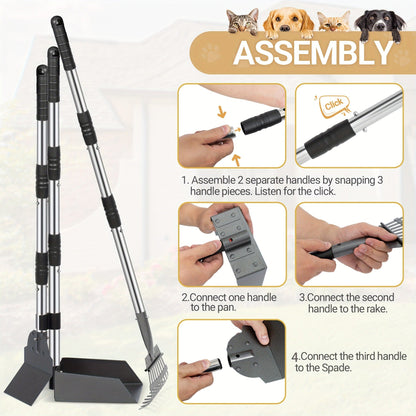 Dog Pooper Scooper Set - Stainless Steel Tray & Rake with Adjustable Long Handle, Rust-Proof Durable Pet Waste Removal Tool, Easy to Clean, Ideal for All Dog Breeds, Yard & Outdoor Use