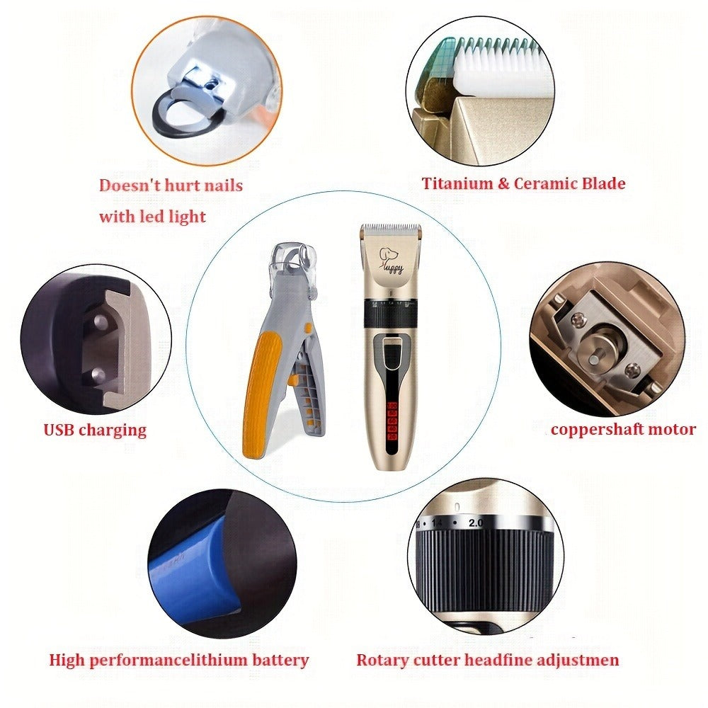 Pet Hair Trimmer Kit 2-in-1 with LED Nail Clipper – 12-in-1 Cordless Quiet Electric Clippers for Dogs & Cats, USB Rechargeable, 5 Guide Combs, Ergonomic Non-Slip Handle, Home & Salon Use