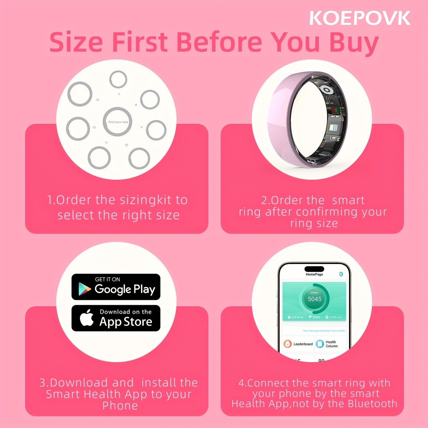 Fitness Tracker Smart Ring – IP68 Waterproof, Sleep & Step Monitor, Crystal Charging Case, Stainless Steel | Men & Women Sizes 7–13