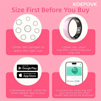 Fitness Tracker Smart Ring – IP68 Waterproof, Sleep & Step Monitor, Crystal Charging Case, Stainless Steel | Men & Women Sizes 7–13