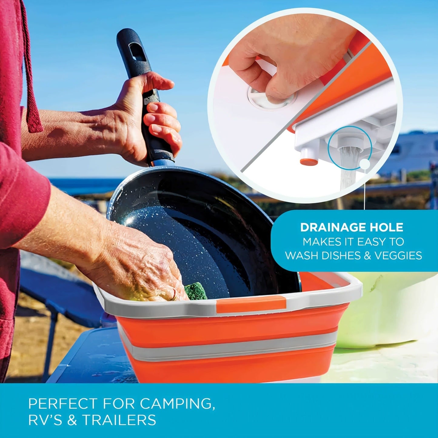 Collapsible BBQ Prep Caddy with Cutting Board & Lid - 3-in-1 Foldable Grill Preparation Tub, Food-Safe Plastic, Washing Basket & Marination Container - Orange