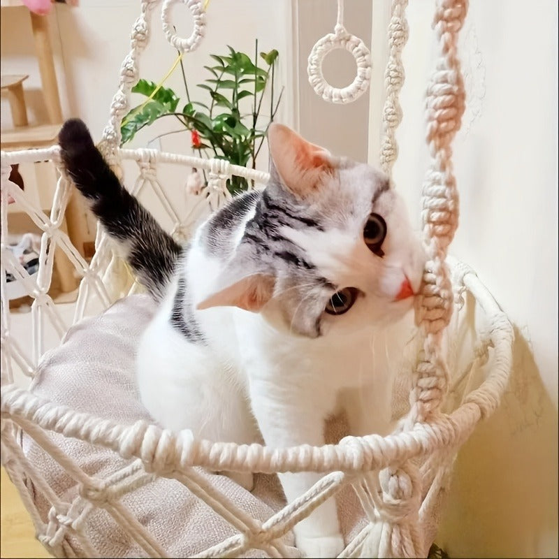 Hand-Woven Rope Cat Hammock & Swing Bed – Indoor Cat Nest Basket for 1-2 Cats, 11.81" & 15.75" Diameter