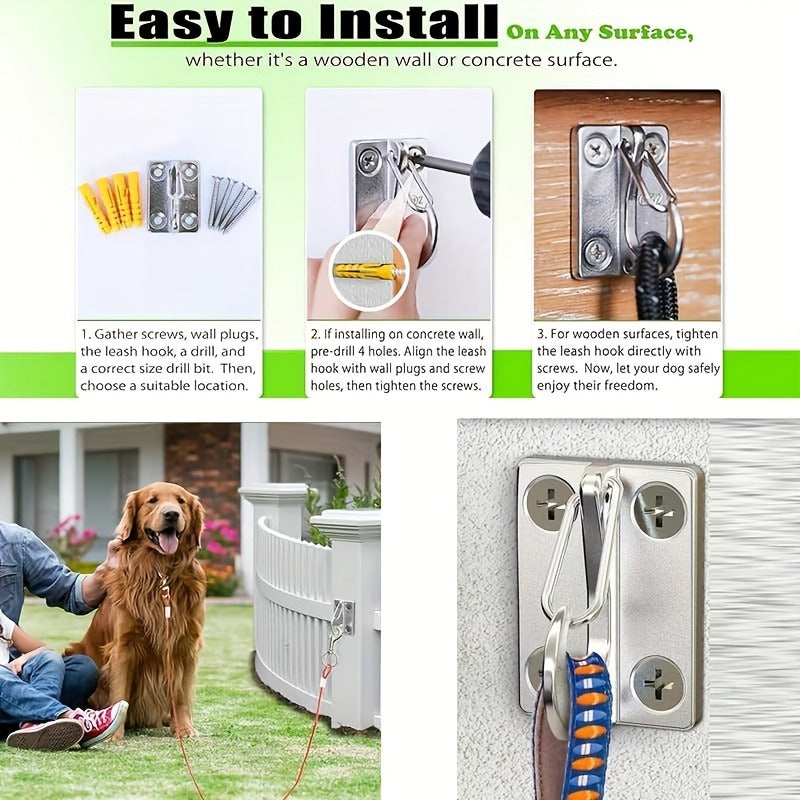 Heavy Duty Dog Tie Out Wall Hooks Set of 2 - Metal Wall-Mounted Leash Anchor with Dual Switchable Hooks, Scratch-Resistant for Walls & Floors, Sturdy Indoor & Outdoor Dog Leash Hook, Grey