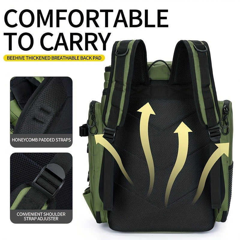 Fishing Backpack with Rod Holder 45L – Large Capacity Outdoor Tackle Bag, Waterproof Travel Shoulder Pack for Fishing Camping Hiking, Multi-Pocket Lure Storage Rucksack with Zipper Closure
