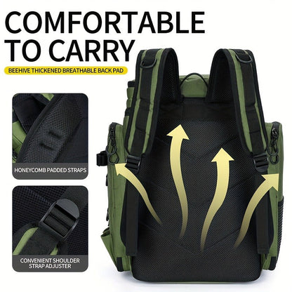 Fishing Backpack with Rod Holder 45L – Large Capacity Outdoor Tackle Bag, Waterproof Travel Shoulder Pack for Fishing Camping Hiking, Multi-Pocket Lure Storage Rucksack with Zipper Closure