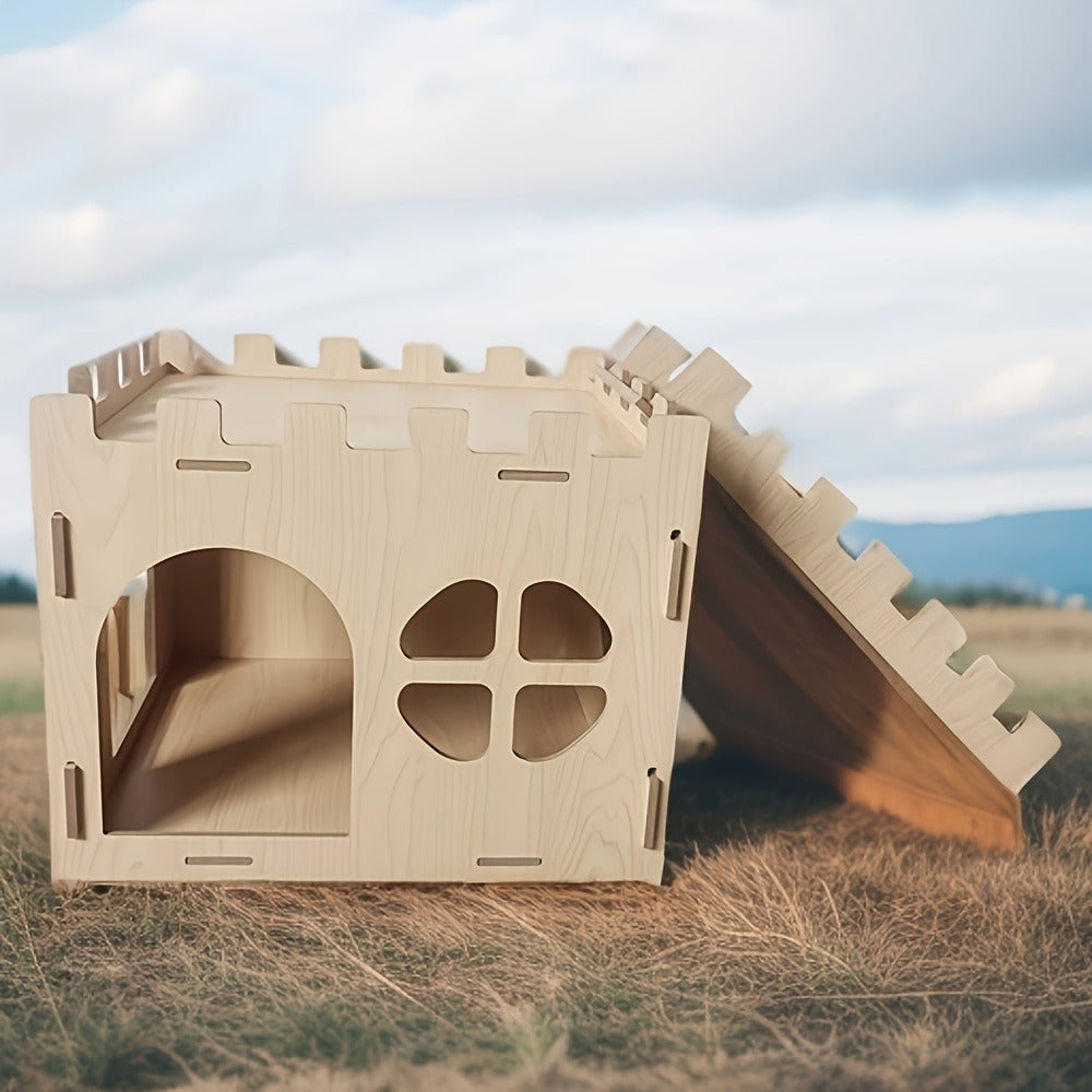 Wooden Rabbit Castle House – Detachable Solid Wood Hideout for Rabbits, Hamsters & Small Pets | Creative Splicing Toy Nest Playhouse
