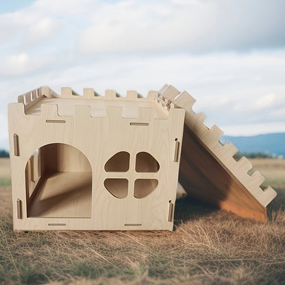Wooden Rabbit Castle House – Detachable Solid Wood Hideout for Rabbits, Hamsters & Small Pets | Creative Splicing Toy Nest Playhouse