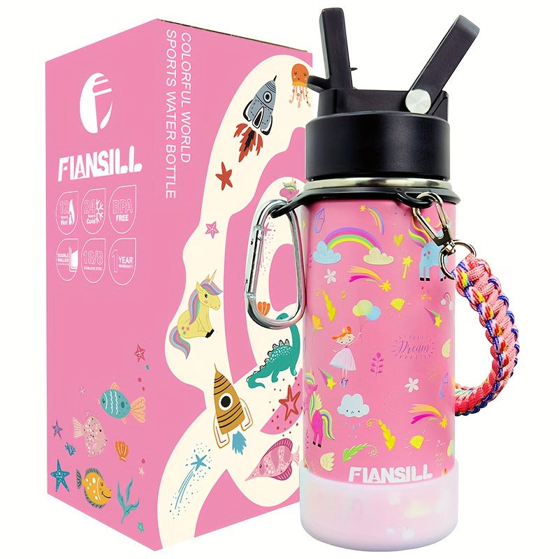Kids Insulated Water Bottle 16oz with 3D Print Design - Stainless Steel Vacuum Flask, Leak-Proof BPA-Free, One-Hand Lid, Woven Strap & Carabiner, Perfect Student Gift for Boys & Girls, 8 Fun Styles
