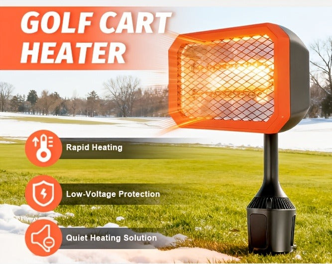400W Electric Golf Cart Heater Carbon Fiber Fast Heating 360° Adjustable Angle Battery Powered Portable Heater with Cup Holder Adapter Compatible with 48V Golf Cart Systems Golf Cart Accessories
