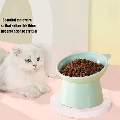 Cat Ear Shaped Raised Cat Bowls Set of 3 - Elevated Feeder Anti-Slip Base Neck Comfort Design, Pink Green Blue Feeding Dish for Cats & Small Pets