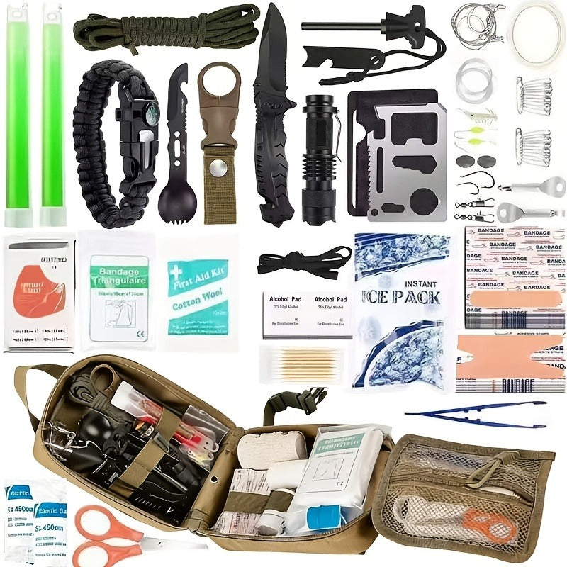 217 Piece Survival Kit with First Aid Kit & Molle Storage Bag - Emergency Gear Set for Camping, Hiking, Outdoor Adventure, Home & Office, Perfect Gift for Men, Dad, Husband, Son - Orange Green Khaki Black Red Camouflage
