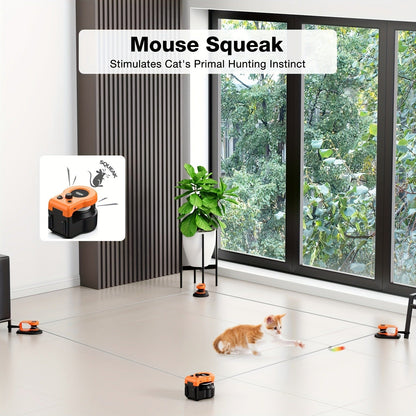 Interactive Cat Toy Auto & Remote Control - Electric Feather Mouse Lure Coursing Machine with DIY Track, Mouse Sounds, Auto Timer, Boredom Buster for Indoor Cats Kittens, 2 Speed Modes