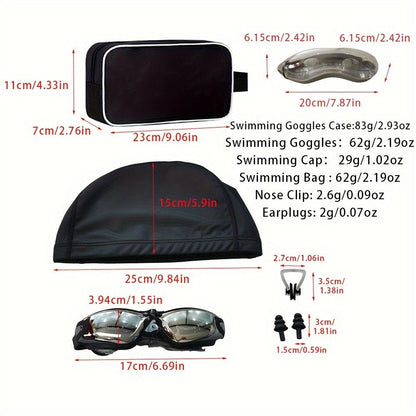 Swimming Goggles 6pcs Set with Cap Nose Clip Earplugs & Storage Bag – UV Protection Anti-Fog Adult Racing Swim Goggles Bundle, Silver-Coated Black Lens, Waterproof PU Swim Cap Included