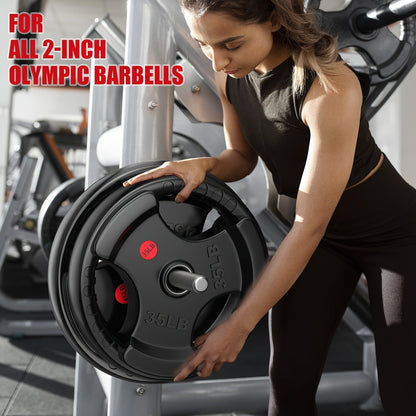 Rubber Bumper Weight Plates 2 Inch – Solid Iron Core, Ergonomic Grip, 25/35/45 lbs – Barbell Plates for Strength Training, Weightlifting & Home Gym