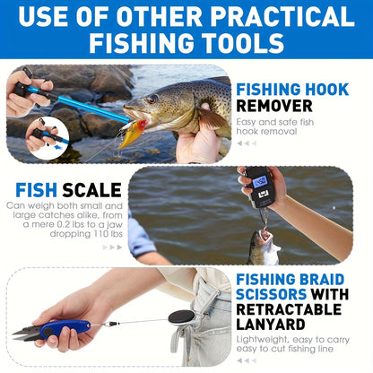 Fishing Tool Kit 10-Piece – Fishing Pliers with Lanyard & Sheath, Landing Net, Fillet Knife, Fish Scale, Gripper, Hook Remover, Braid Scissors & Gloves, Complete Angler Gift Set (Blue)