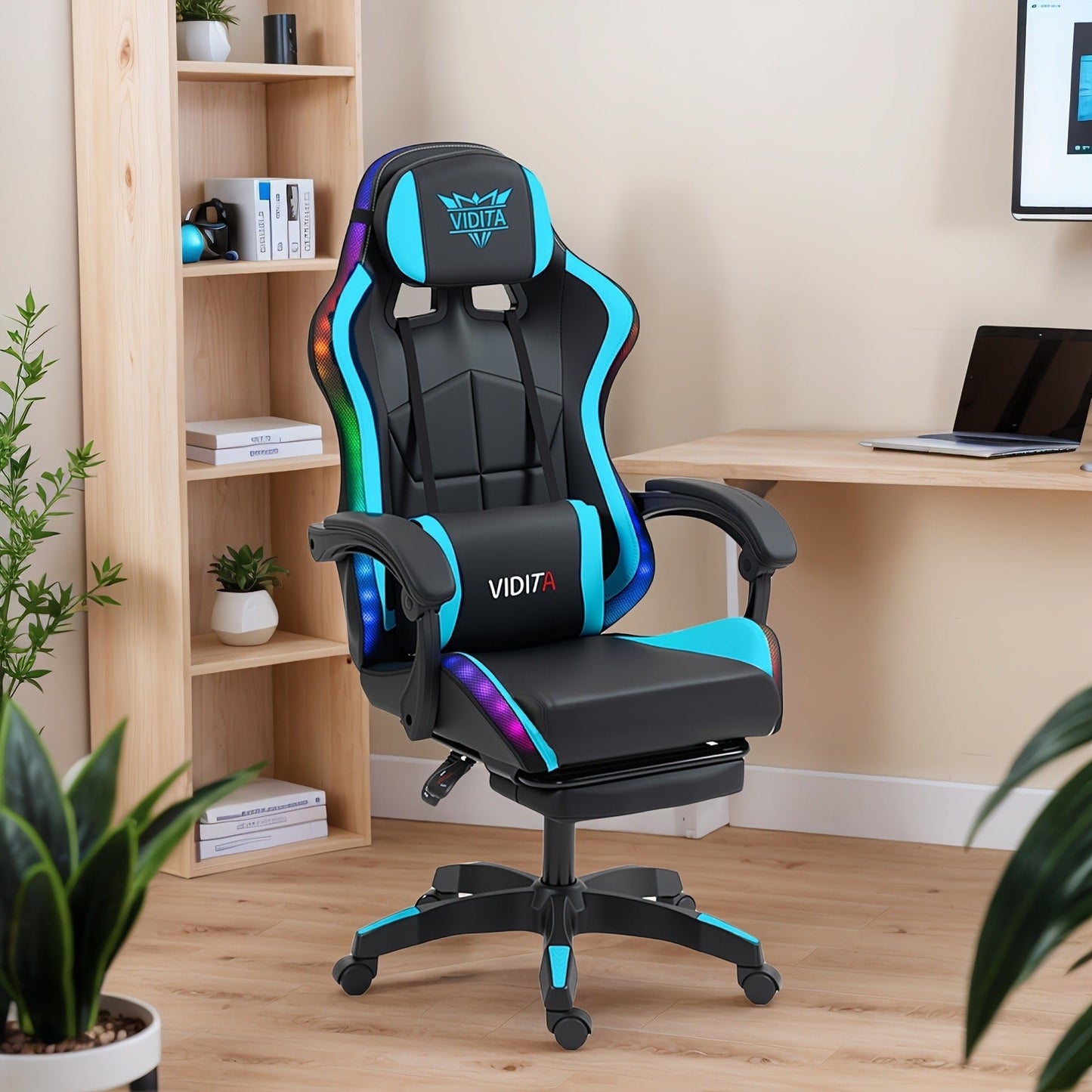 RGB Gaming Chair with LED Lights Footrest Ergonomic Gaming Chair with Massage Lumbar Support Reclining Video Game Chair for Adults Home Office Computer Chair with USB RGB Lighting