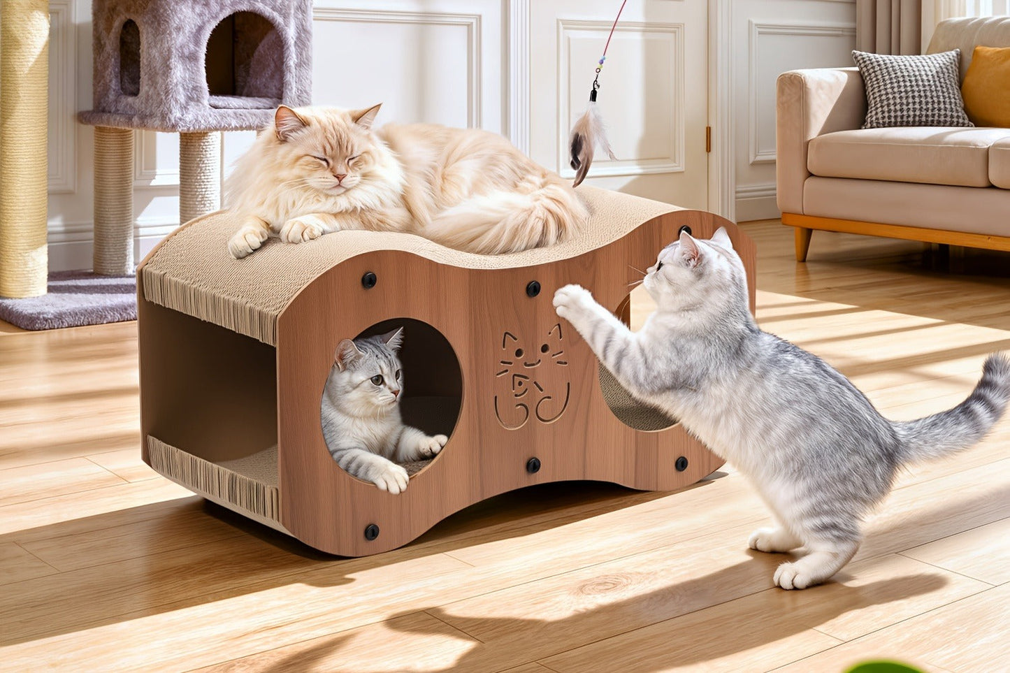 Cat Scratching Post with Integrated Cat Bed - Sturdy Walnut Wood Base, 4-Season Woven Scratch Pad, Indoor Cat Scratcher Lounge for Scratching, Lounging & Play, Oak Color with Optional Cat Toy