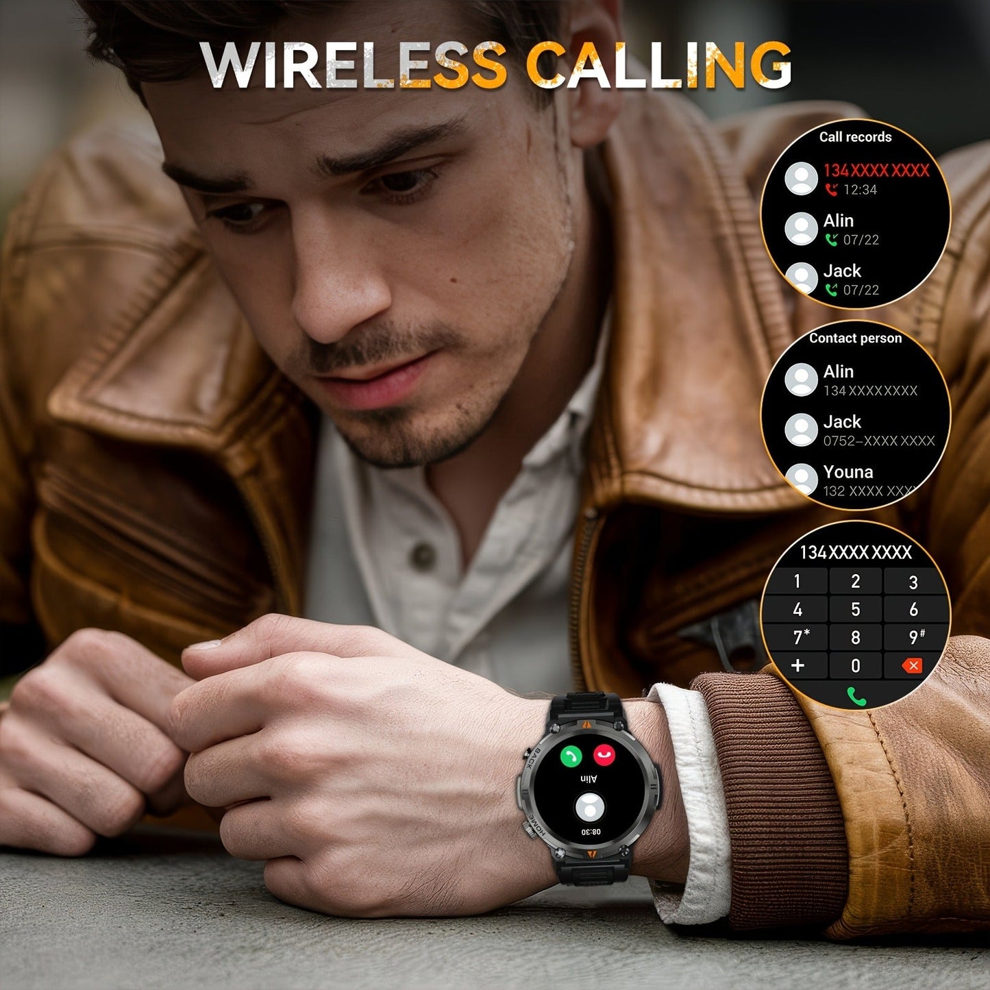 EIGIIS KE3 Rugged Smartwatch for Men – Wireless Calling, HD 1.45" Screen, LED Light, Fitness Tracker, iPhone & Android
