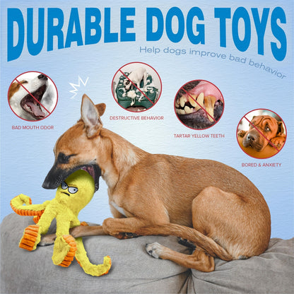 Tough Dog Chew Toy Octopus - Squeaky Stuffed Interactive Dog Toys for Large Dogs, Crinkle Tug of War Plush Dog Toy to Keep Dogs Busy, Durable Dog Toys 1/2/4 Pack - Blue & Yellow Octopus