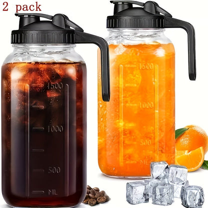 64oz Glass Pitcher with Handle – Leak-Proof Wide Mouth Mason Jar Water Jug, Pour Spout Lid, 2 Quart Portable Canteen for Camping, BBQ, Fridge & Outdoor Entertaining (2-Pack / 3-Pack)