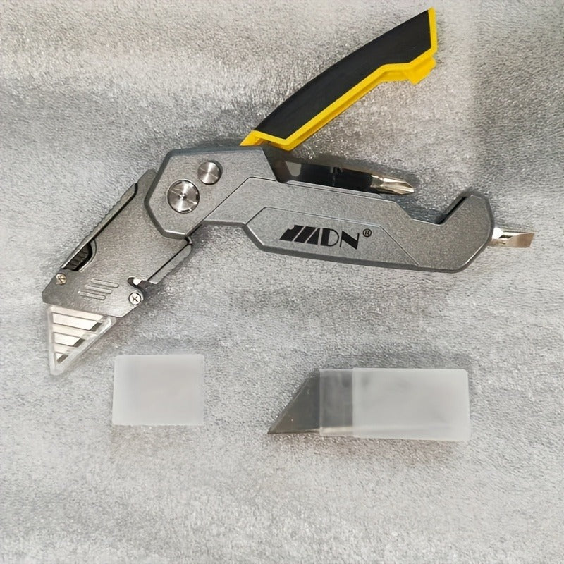 Folding Utility Knife Aluminum Alloy Multifunctional EDC Box Cutter with Screwdriver Blades 10 Replacement Blades for DIY Camping Outdoor