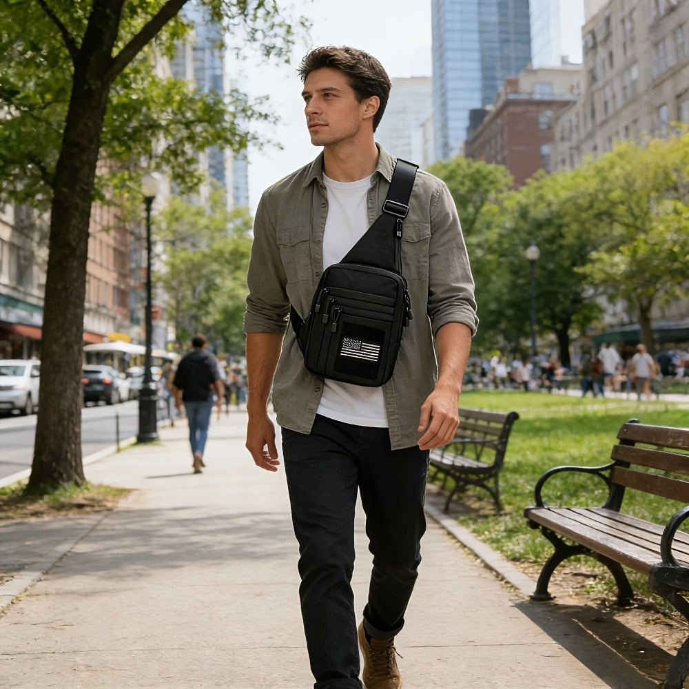 CCW Shoulder Bag Tactical Concealed Carry Bag for Men with Chest Holster Multiple Compartments EDC Sling Bag for Daily Use Shooting Range Hiking Outdoor Activities Black