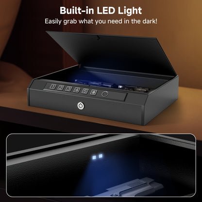 Biometric Gun Safe Fingerprint Digital PIN & Key Unlock 3-Way Access Internal Light Silent Mode Emergency Power Supply Gun Lock Box for Home Bedroom Nightstand Car