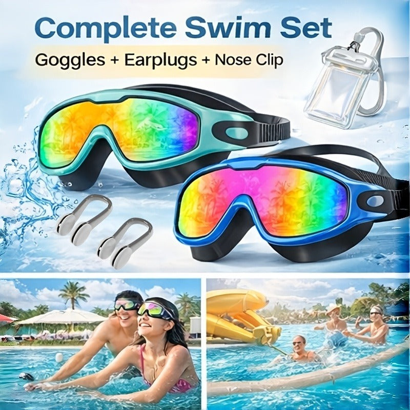 2 Pack HD Anti-Fog Swim Goggles – Leak-Proof Wide Vision, UV Protection Mirrored Lens, Comfortable Fit for Men Women Adults, with Earplugs Nose Clip Case & Waterproof Bag