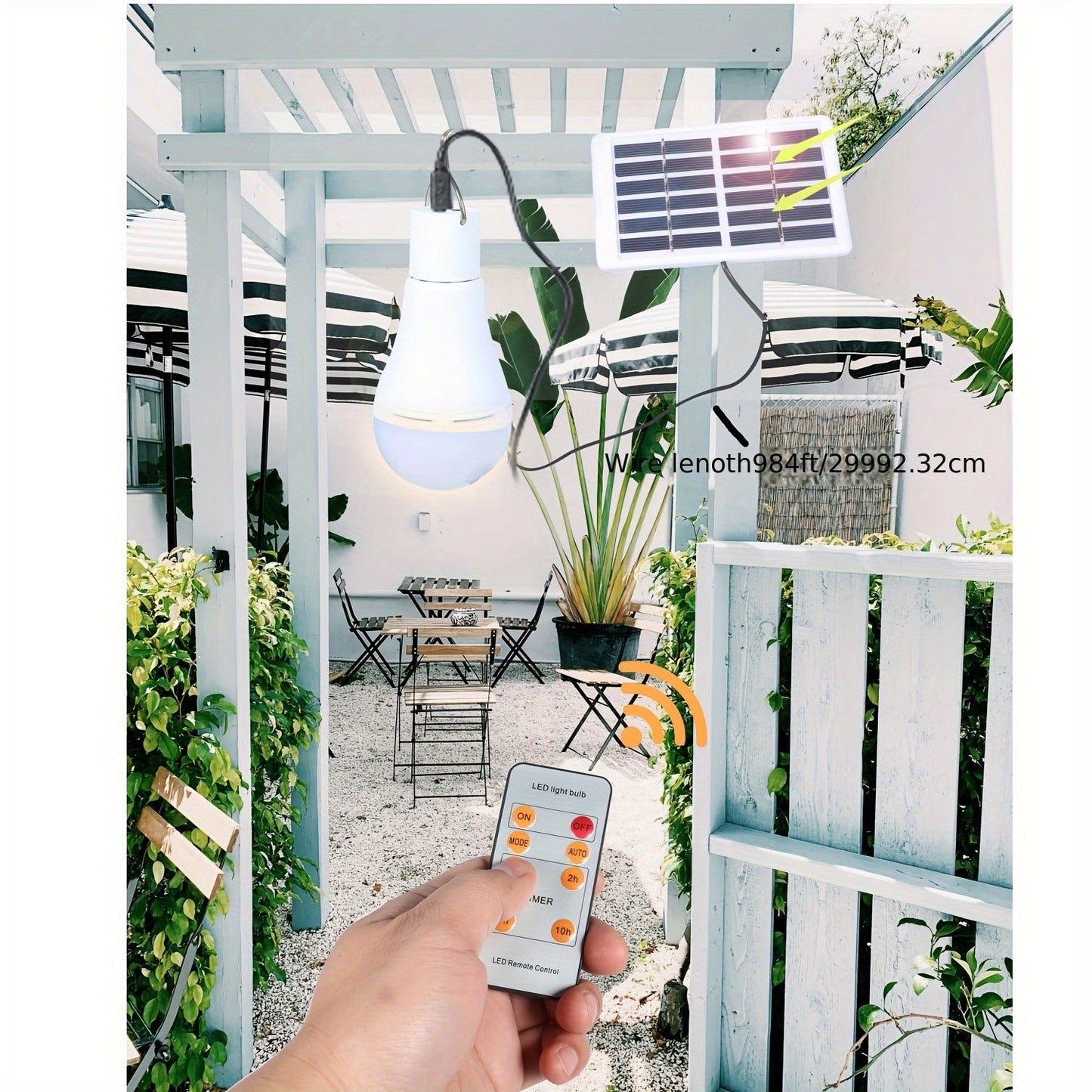Solar Light Bulbs 2 Pack Campsite Outdoor – Remote Control Timer, 4 Modes 300LM, Light Sensor Auto On/Off, Solar & USB Rechargeable – Shed, Chicken Coop, Emergency & Camping Light