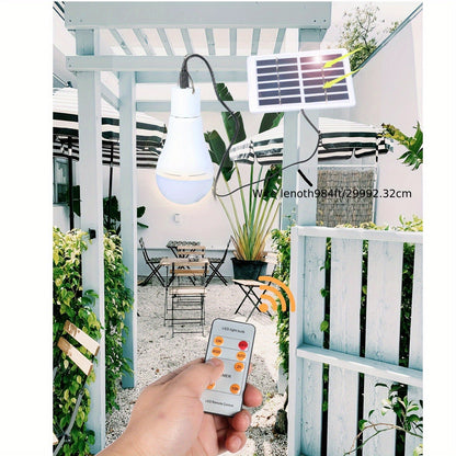Solar Light Bulbs 2 Pack Campsite Outdoor – Remote Control Timer, 4 Modes 300LM, Light Sensor Auto On/Off, Solar & USB Rechargeable – Shed, Chicken Coop, Emergency & Camping Light