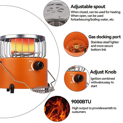 Portable Propane Camping Stove 9000 BTU – 2-in-1 Indoor & Outdoor Gas Heater for Camping, Cooking & Emergency Preparedness, Adjustable Flame, Stainless Steel, Compact 10.7x7 Inch with Gas Hose & MAPP Converter (Yellow)