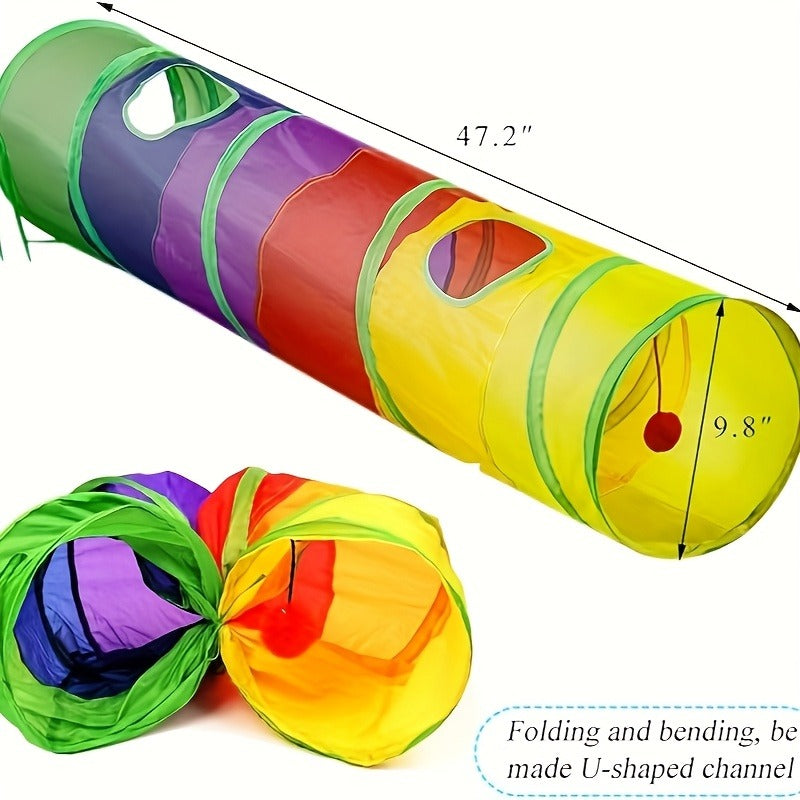 Collapsible Cat Tunnel Toy - Foldable S-Shaped & 3-Way Tube with Ball & Peek Holes, Rainbow Colors, Connectable Cat Play Tunnel for Indoor Cats & Kittens, 1pc or 2-Pack Bundle