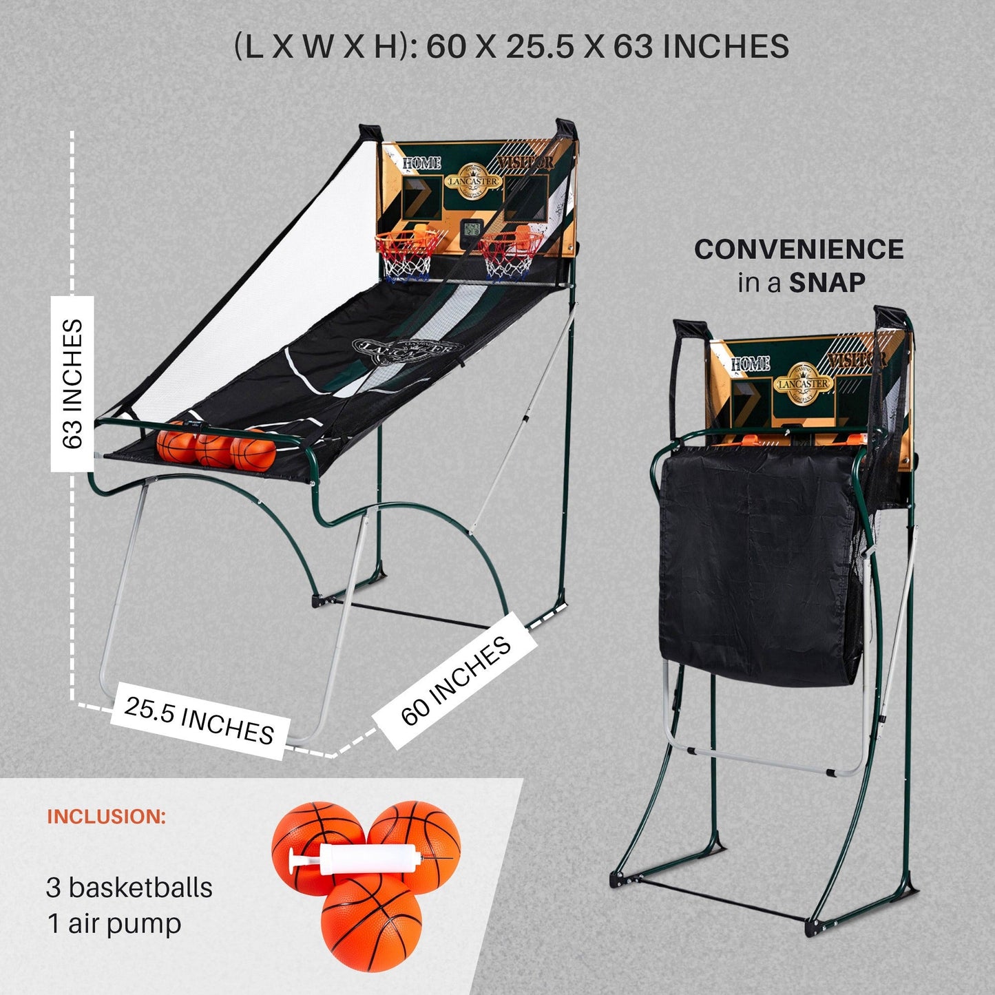 2 Player Indoor Basketball Arcade Game EZ Fold - Dual Hoop Shot Challenge with LED Scoring, 8 Game Modes, 3 Basketballs & Air Pump, Foldable Frame 60x25.5x63 Inch, Home Game Room Family Fun