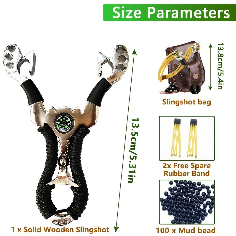 Alloy High-Velocity Slingshot Set for Hunting – Professional Catapult with Slingshot Bag, 100 Mud Beads & 2 Rubber Bands | Outdoor Target Practice & Small Game Hunting Slingshot Kit with Compass Accent