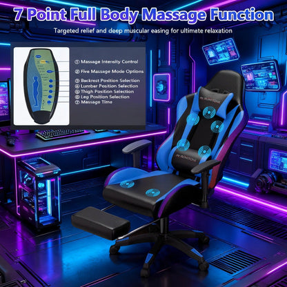 Gaming Chair with Massage and Bluetooth Speaker – RGB LED Lights, 135° Reclining with Footrest, 7-Point Vibration, 3D Adjustable Arms, 360° Swivel, Heavy Duty 400 lbs Big & Tall Ergonomic Chair, Blue Black