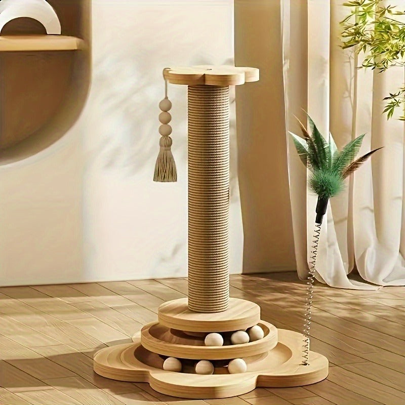 Cat Scratching Post Sisal Vertical Scratcher – Solid Wood Base, Wear-Resistant Rope, Multiple Styles: Standard, Mushroom & Dolphin Shapes, Sizes S/M/L, Cat Climbing Frame with Teaser Wand