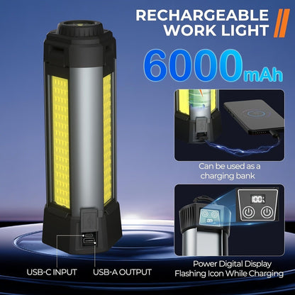 LED Camping Lantern with Tripod Stand, 6000/14500mAh Rechargeable Work Light, 10 Light Modes, 3 Height Adjustments, USB Powered Portable Outdoor Flashlight for Camping, Emergency & Courtyard Use