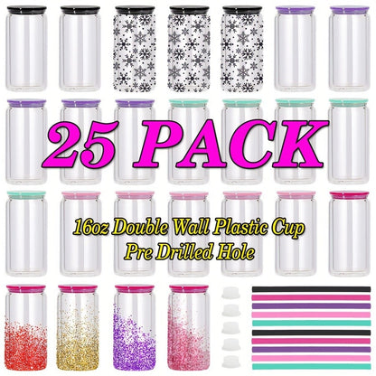 Clear Plastic Snow Globe Tumblers 16oz Double Wall Bulk Set 25 or 50 Cups Pre-Drilled Hole Colored Lid Straw for Iced Coffee Boba Soda Party DIY Customization