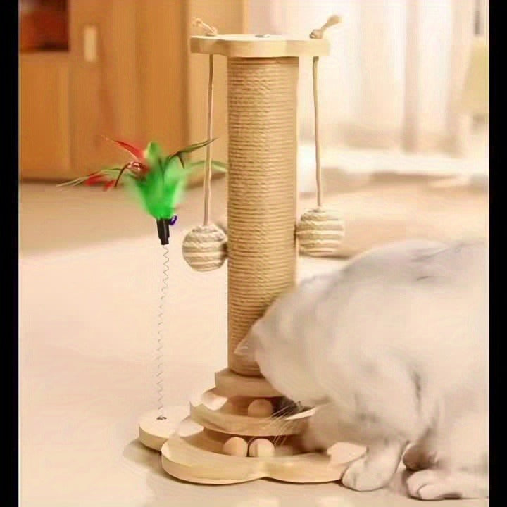 Sisal Cat Scratching Post with Hanging Ball & Turntable Interactive Toy 18.1 Inch - Sturdy Non-Slip Base Suction Cup Bottom for Kittens & Adult Cats, Furniture Protector Scratcher