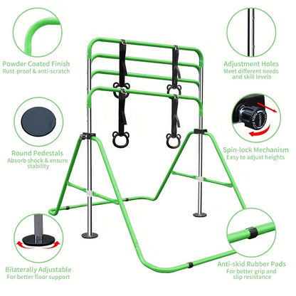 Adjustable Gymnastics Pull-Up Bar for Kids & Teenagers – Height Adjustable Horizontal Bar for Indoor Outdoor Home Use, Strength Training & Fitness Exercise Equipment, Green & Yellow