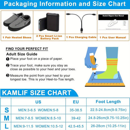 Heated Slippers for Men & Women with 5000mAh Battery - Electric Foot Warmer Shoes, Carbon Fiber Heating, 3 Heat Settings, 6-8 Hour Battery Life, Indoor Outdoor Plush House Slippers, M & L