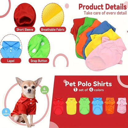 Dog Polo Shirt 6-Pack Collared T-Shirt Breathable Pullover – 100% Polyester All-Season Pet Outfit for Small Medium Dogs & Cats, Boy & Girl Puppy Kitten Apparel, Sizes XS to XL
