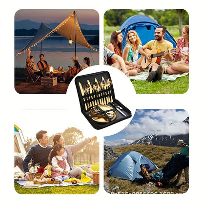 Camping Flatware Set for 4 People 20 Piece, Portable Picnic Tableware Kit with Plates Forks Spoons Knives Bottle Opener Food Tongs, Reusable Outdoor Silverware Set with Zipper Bag for Camping Hiking Travel