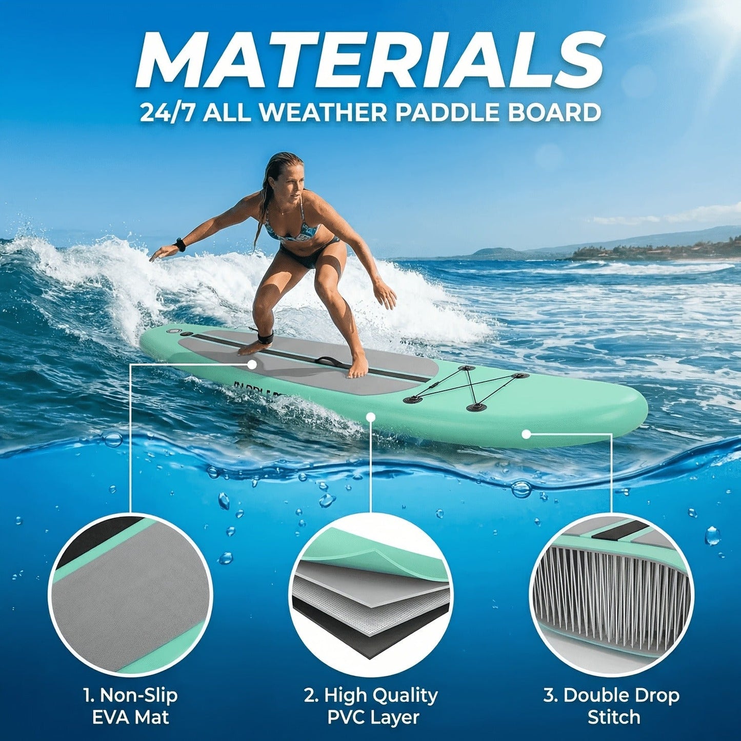 Stand Up Paddle Board 10ft 350lbs Inflatable SUP 3 Fins EVA Non-Slip Deck 12-15PSI Alloy Paddle Hand Pump Repair Kit Carrying Bag for Beginners All Skill Levels