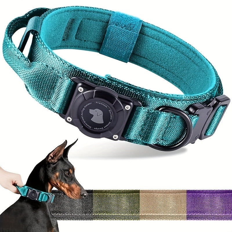 Tactical Dog Collar with AirTag Holder and Handle Adjustable Heavy Duty PC Case GPS Tracking Compatible for Medium Large Dogs M L XL 9 Colors No AirTag