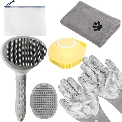 Dog Grooming Kit Set 6pcs – Pet Brush, Microfiber Towel, Washing Gloves & Shedding Tool, No Power Required, Essential Home Pet Care for Shiny Healthy Coat, Dogs & Cats
