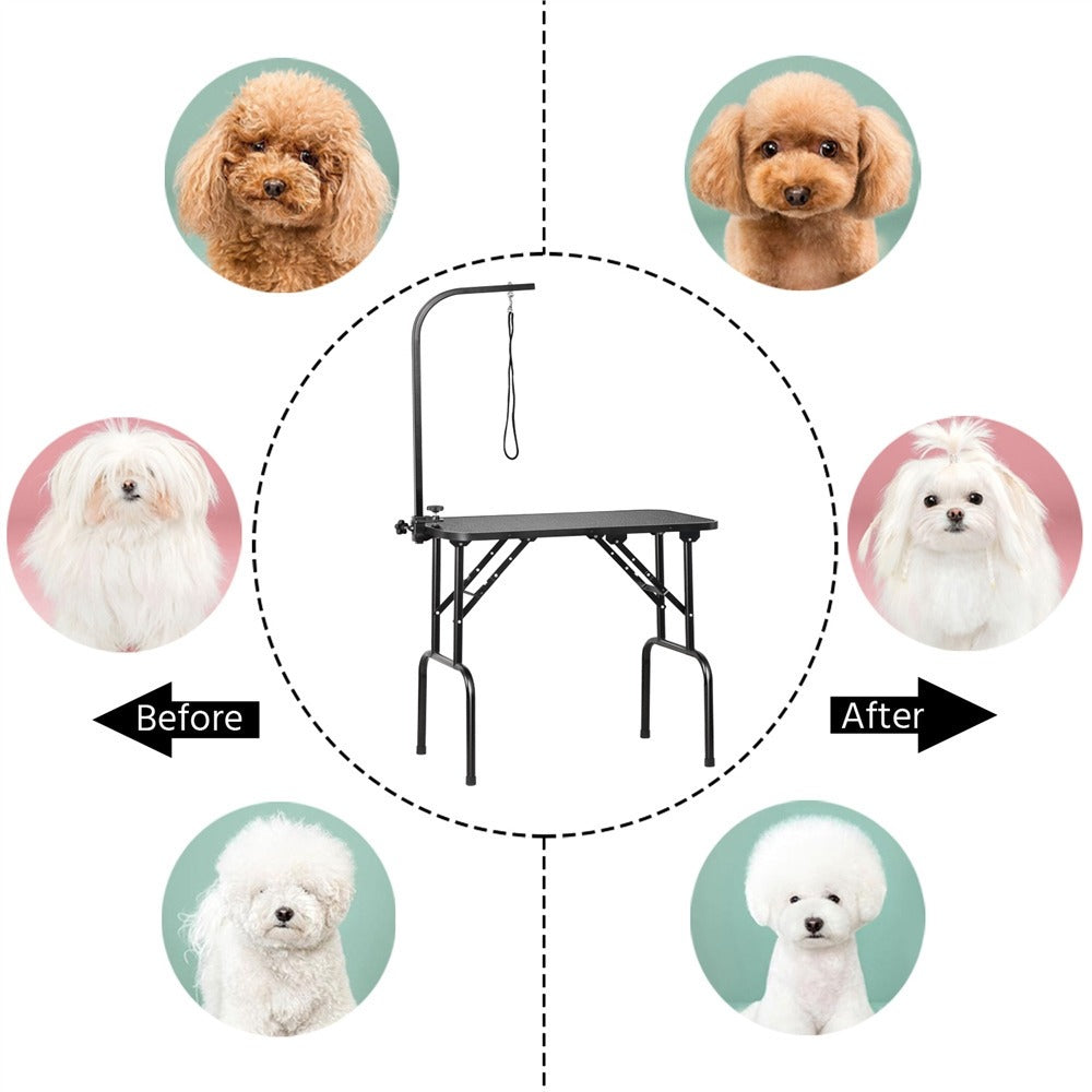 Pet Grooming Table Foldable with Height Adjustable Arm – Non-Slip Waterproof Surface, Folding Legs, Sturdy Metal Frame, Professional Dog Cat Beauty Trimming Table for Home & Salon